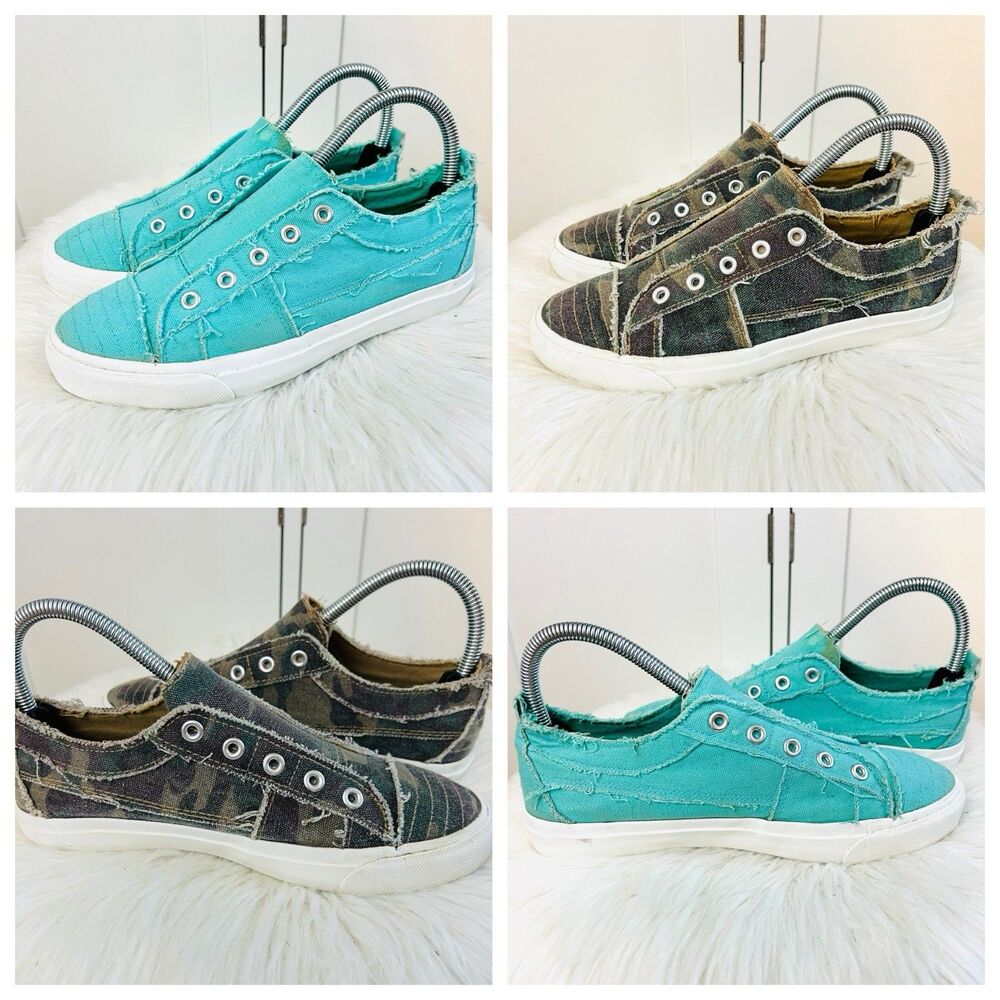 Pair of Corkys Babalu Turquoise & Green Camo Comfort Shoes Sneakers Slip on Sz 7